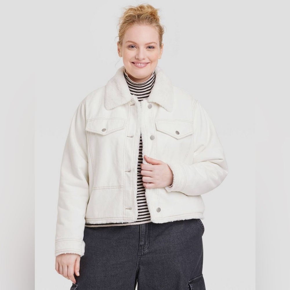 Women's Faux Fur Lined Trucker Jacket - Ivory, Size Large